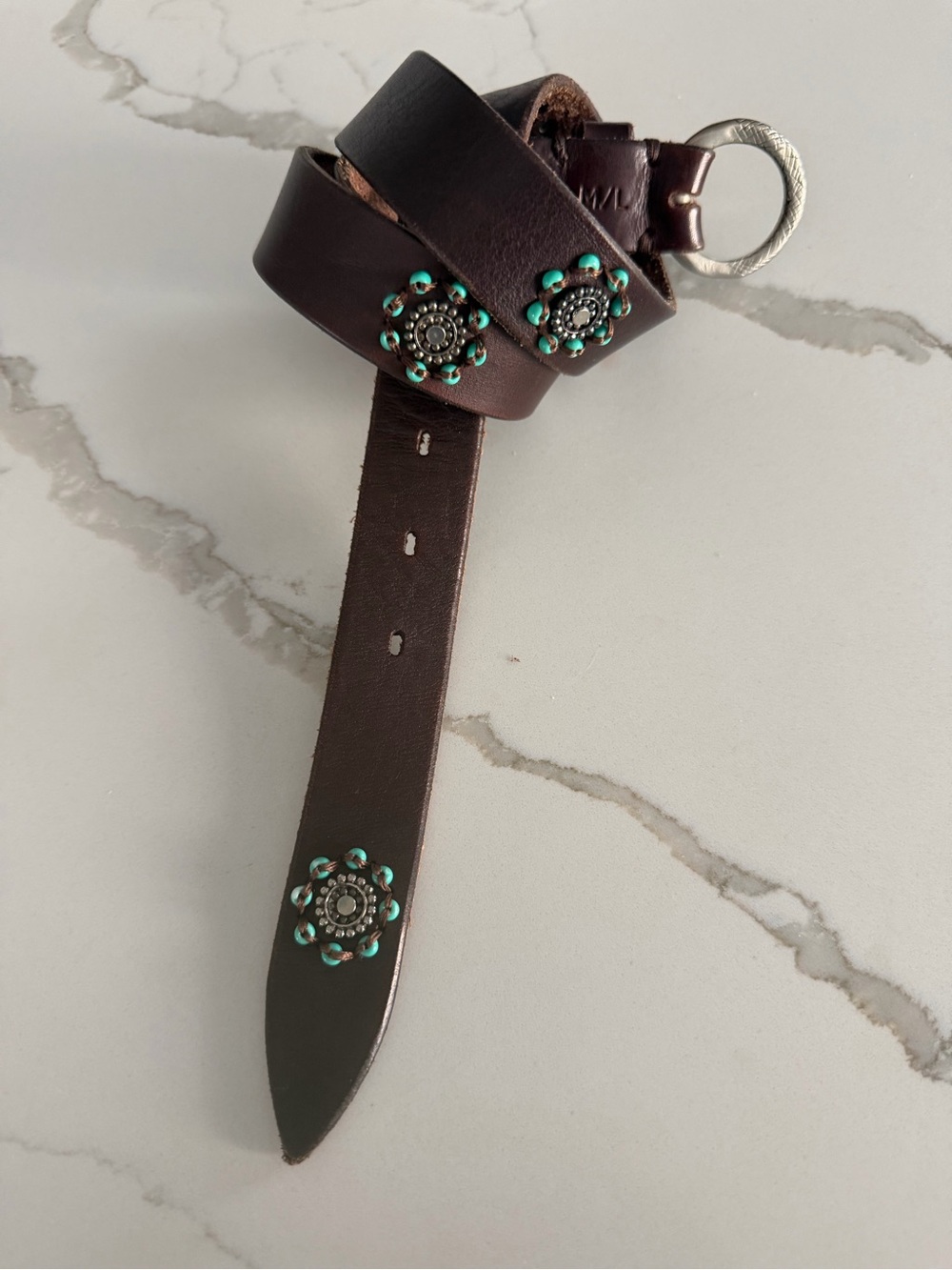 Johnny Was Brown Leather Women's Belt with Turquoise Stud Accents